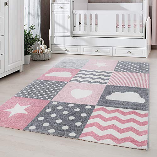 Carpetsale24 Kinderteppich Modern Herz- und Stern Design Pink 120 cm Rund - Kurzflor Teppich Kinderzimmer Waschbarer Babyteppich Spielteppich für Junge und Mädchen Extra Weich und Antiallergen Runder von Carpetsale24