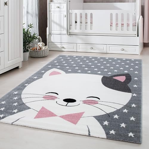 Carpetsale24 Kinderteppich Modern Niedliches Katze Design Pink 160 x 230 cm - Kurzflor Teppich Kinderzimmer Waschbarer Babyteppich Spielteppich für Junge und Mädchen Weich und Antiallergen Rechteckig von Carpetsale24