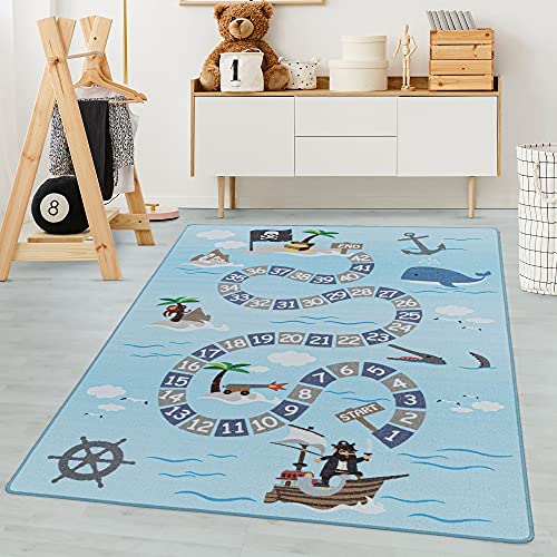 Carpetsale24 Kinderteppich Modern Piraten-Design Blau 120 x 170 cm - Kurzflor Teppich Kinderzimmer Waschbarer Spielteppich Babyteppich für Jungen und Mädchen Extra Weich und Antiallergen Rechteckig von Carpetsale24