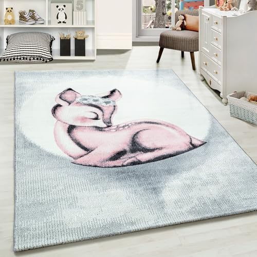 Carpetsale24 Kinderteppich Modern Rehkitz Design Pink und Grau 120 cm Rund - Kurzflor Teppich Kinderzimmer Waschbarer Spielteppich Babyteppich für Junge und Mädchen Extra Weich und Antiallergen Runder von Carpetsale24