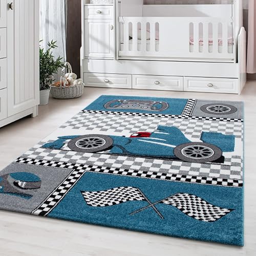 Carpetsale24 Kinderteppich Modern Rennwagen Blau 160 cm Rund - Kurzflor Teppich Kinderzimmer Waschbarer Babyteppich Spielteppich für Junge und Mädchen Extra Weich und Antiallergen Runder Kinderteppich von Carpetsale24