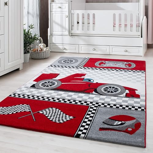 Carpetsale24 Kinderteppich Modern Rennwagen Rot 140 x 200 cm - Kurzflor Teppich Kinderzimmer Waschbarer Babyteppich Spielteppich für Junge und Mädchen Extra Weich und Antiallergen Rechteckig von Carpetsale24