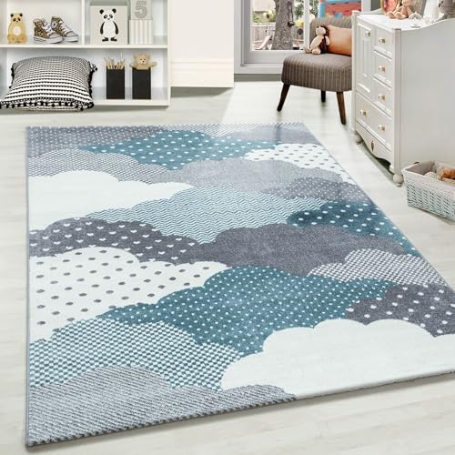 Carpetsale24 Kinderteppich Modern Wolken Design Blau und Grau 160 cm Rund - Kurzflor Teppich Kinderzimmer Waschbarer Spielteppich Babyteppich für Junge und Mädchen Extra Weich und Antiallergen Runder von Carpetsale24