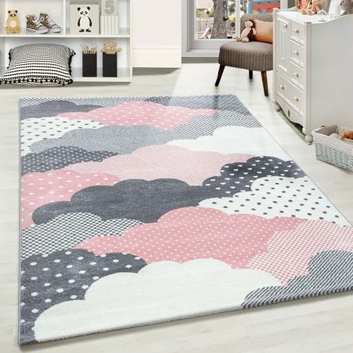 Carpetsale24 Kinderteppich Modern Wolken Design Pink und Grau 120 cm Rund - Kurzflor Teppich Kinderzimmer Waschbarer Spielteppich Babyteppich für Junge und Mädchen Extra Weich und Antiallergen Runder von Carpetsale24