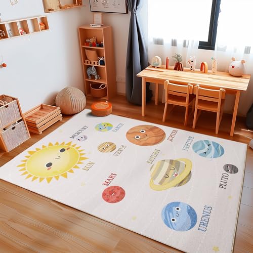 Carpetsale24 Kinderteppich Planeten Muster Jungen und Mädchen Babyzimmer Teppich Kinderzimmer Beige Teppich, Maße:100 x 150 cm, Farbe:Beige von Carpetsale24