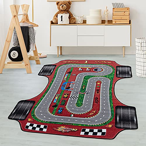 Carpetsale24 Kinderteppich Rennstrecke Rennauto Design Sonderform Rot 80 x 120 cm Läufer - Kurzflor Teppich Kinderzimmer für Junge & Mädchen Pflegeleicht - Waschbar Spielteppich Babyzimmer Babyteppich von Carpetsale24