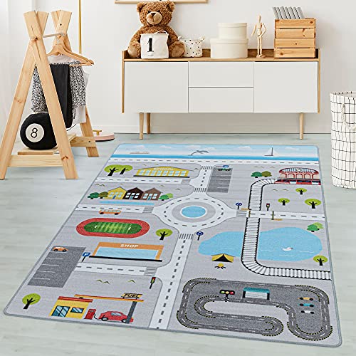 Carpetsale24 Kinderteppich Straßenteppich Lernen und Spielen Grau 100 x 150 cm - Kurzflor Teppich Kinderzimmer für Jungen und Mädchen Pflegeleicht - Waschbar Spielteppich Babyzimmer Babyteppich von Carpetsale24