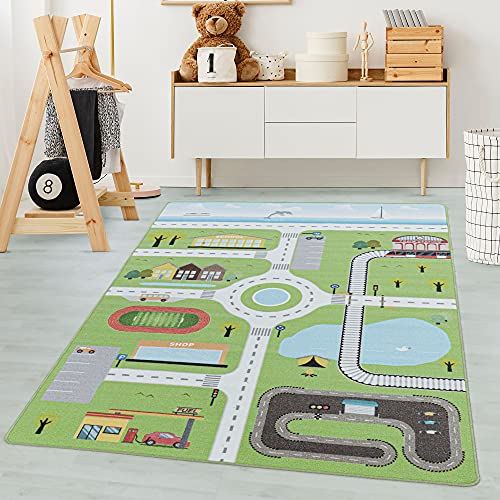 Carpetsale24 Kinderteppich Straßenteppich Lernen und Spielen Grün 140 x 200 cm - Kurzflor Teppich Kinderzimmer für Jungen und Mädchen Pflegeleicht - Waschbar Spielteppich Babyzimmer Babyteppich von Carpetsale24