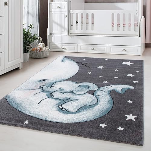 Carpetsale24 Kinderteppich niedliches Elefant Muster Grau und Blau 120 cm Rund - Kurzflor Teppich Kinderzimmer für Junge und Mädchen Pflegeleicht - Waschbar Spielteppich Babyzimmer Babyteppich Runder von Carpetsale24