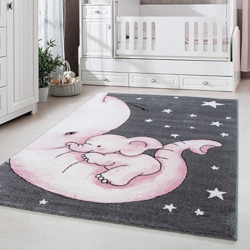 Carpetsale24 Kinderteppich niedliches Elefant Muster Grau und Pink 200 x 290 cm - Kurzflor Teppich Kinderzimmer für Junge und Mädchen Weich Pflegeleicht - Waschbar Spielteppich Babyzimmer Babyteppich von Carpetsale24