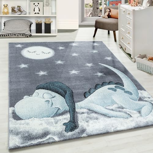 Carpetsale24 Kinderteppich süßes Dinosaurier Muster Blau und Grau 120 cm Rund - Kurzflor Teppich Kinderzimmer Babyzimmer für Mädchen und Junge Extra Weich Pflegeleicht Spielteppich Babyteppich Runder von Carpetsale24