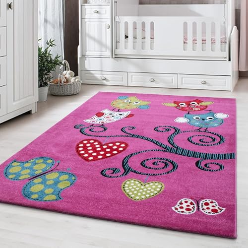 Carpetsale24 Kinderteppich süßes Eulenmuster Violett 120 cm Rund - Kurzflor Teppich Kinderzimmer Eulen Design Spielteppich Babyteppich für Junge und Mädchen Extra Weich und Antiallergen Runder von Carpetsale24