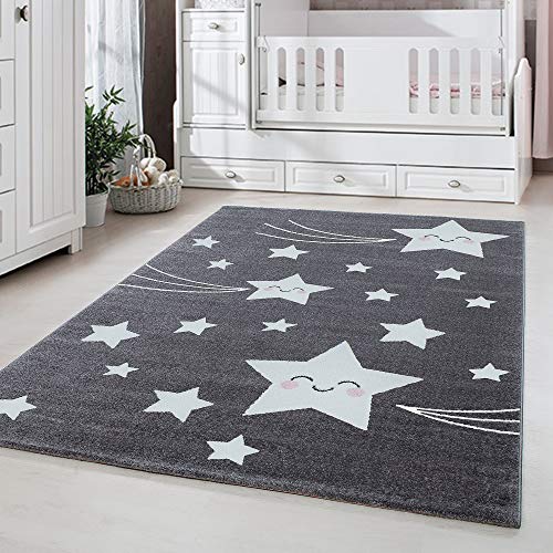 Carpetsale24 Kinderteppich süßes Stern Muster Grau und Creme 160 cm Rund - Kurzflor Teppich Kinderzimmer für Junge und Mädchen Weich Pflegeleicht - Waschbar Spielteppich Babyzimmer Babyteppich Runder von Carpetsale24