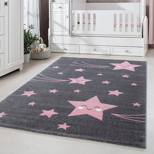 Carpetsale24 Kinderteppich süßes Stern Muster Grau und Pink 200 x 290 cm - Kurzflor Teppich Kinderzimmer für Jungen und Mädchen Weich und Pflegeleicht - Waschbar Spielteppich Babyzimmer Babyteppich von Carpetsale24