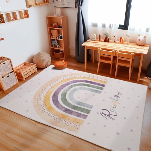 Carpetsale24 Kurzflor Kinderteppich Weich für Jungen und Mädchen 100 x 150 cm Creme - Regenbogen Design Waschbarer Teppich Weich und Antiallergen - für Kinderzimmer, Babyzimmer und Spielzimmer von Carpetsale24