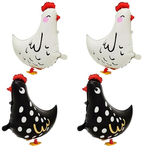 4Pcs Luftballon Huhn Airwalker Ballon Luftballons Tiere Walking Tier Folienballon Henne, Airwalker Ballon Huhn Henne Ballon für Bauernhof Kinderparty Folienluftballon als Osterdeko (Weiß Schwarz) von Carreneu