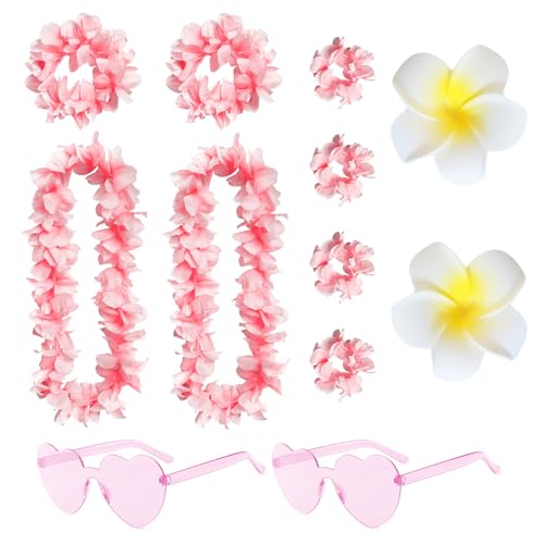 12 Stück Hawaiikette Hawaiianische Party Dekorationen Blume Halskette Stirnbänder Armbänder Herz Sonnenbrille Hawaiianischen Tropische Partys, Strandpartys Supplies für Kinder Erwachsene von Carreuty