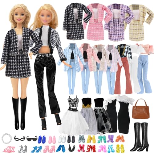 16 Puppenkleider-Set, kompatibel mit Barbie-Puppe, 3 stilvolle Karomantel, 2 Partykleider, 1 kurzärmelige Hose, 1 Tasche, 1 Halszubehör, 2 Brillen, 1 Stiefel, 5 Schuhe für 29,8 cm Puppen, Mädchen, von Carreuty