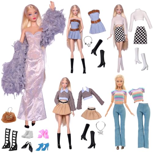 17 Kleidung Kompatibel Set mit Barbie Puppen, 1 Mode Abendkleid Set 1 Denim Röcke 3 Stricktop 2 Röcke 1 Hose 3 Halszubehör 1 Bag 5 Shoes für 11.5 Zoll Puppen Mädchen Geschenk Zufällig von Carreuty