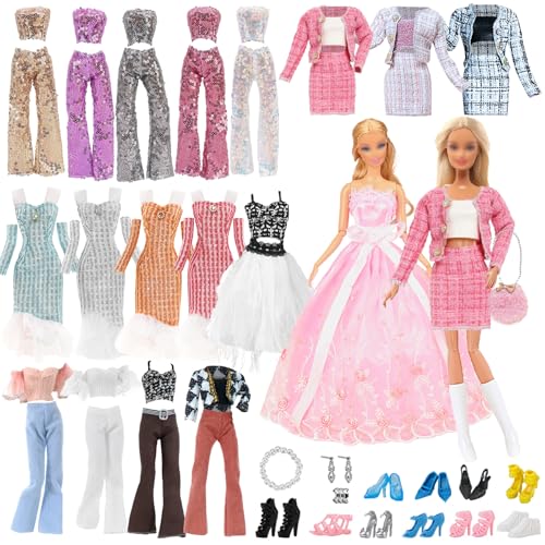 19 Stück Puppe Kleidung und Zubehör Kompatibel mit Barbie Enthalten 1 Abendkleider 2 Tops und Hosen Casual Outfits 1 Fashion Set 2 Kleider 6 Zubehör 7 Schuhe für 11,5 Zoll Mädchen Puppen Random von Carreuty