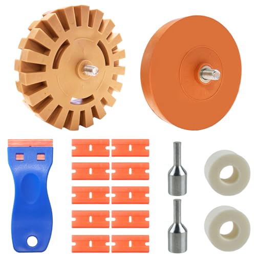 2 Stück Folienradierer (Ø100 mm & Ø88 mm), Akkuschrauber mit Klebstoffentfernungsklinge 10 Kunststoffklinge und Adapter, Radiergummi Geradschleifer zum Entfernen von vereiteln Klebstoffresten Fahrzeug von Carreuty