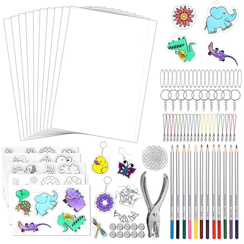 218 Stück Schrumpffolie Set, DIY Originalität Schrumpffolie Set mit A4 Schrumpfpapier A5 Motive Schrumpffolien Buntstifte Locher Schlüsselbundzubehör Perlenschnur für Kid Adult Handwerk Dekorationen von Carreuty