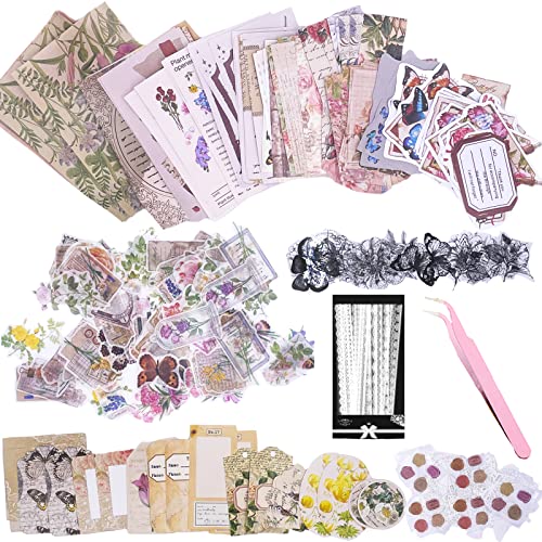 290pcs Ästhetische Scrapbooking Aufkleber Papier Pack, DIY Dekorative Papier Retro Blumen Journaling Supplies Aufkleber Papier Kit für Scrapbook Supplies Journal Kit (Retro Flower Life) von Carreuty