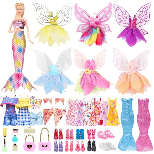 30 Stück Kleidung und Zubehör für Puppen, 2 Fischschwanzkleid 2 Kleid mit Flügeln 1 Badebekleidung 1 Satz Mode 5 Kleid 9 Accessoires 10 Schuhe, Kompatibel mit 11,5 Zoll Barbiepuppe Geschenk in Random von Carreuty