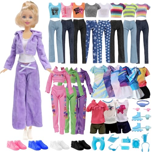 32 PCS Puppe Kleidung und Zubehör, 2 Kapuzen-Sweatshirt 4 T-Shirt 4 Lange Hosen 1 Shorts 2 Kleid 4 Flats 15 Sport Accessoires Kompatibel mit Barbie 11,5 Zoll Mädchen Geburtstag Geschenk, in Random von Carreuty