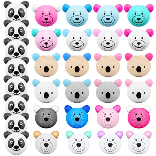 32 Stück Holzperlen mit Gesicht, Koala Bär Panda Gesicht Holzperle, Natur Holzkugeln, 22mm Niedliche Tier Holzperlen für DIY Quasten Halsketten Armbändern Makramee Zubehör von Carreuty