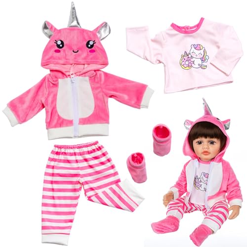 4 Stück Kleidung Outfits für 20-22 Zoll Baby Puppen Puppenkleidung 50-55 cm Kleidung Enthalten 1 Rosa Kapuzenjacke 1 Pferd-T-Shirt 1 Gestreifte Hose 1 Paar Rosa Socken Geburtstagsgeschenk für Mädchen von Carreuty