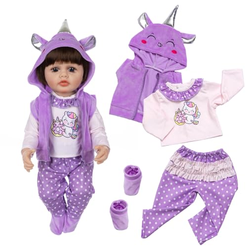 4 Stück Puppenkleidung für 43-55 cm Babypuppen, Cartoon Niedlich Kleidung Outfits für Reborn Baby, Weste mit Kapuze + Spitzenhose + Lange Ärmel mit Tiermuster + Schuhe Puppe Zubehör für Kinder von Carreuty