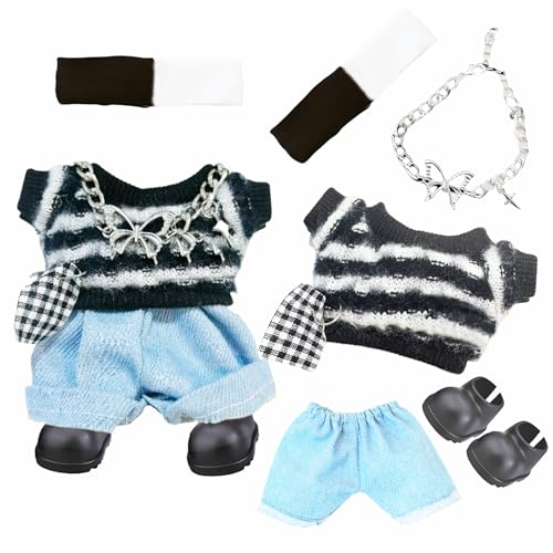 5 Stück Kleidung 17cm Plüsch Puppe, Modische Süße Puppenkleidung Zubehör mit Schwarz Weiß Gestreiftes Oberteil Dreiecksstirnband Jeans Schleifenkette und Schuhe Puppe Kleidung Set für Halloween DIY 5 Stück Kleidung 17cm Plüsch Puppe, Modische Süße Puppenkleidung Zubehör mit Schwarz Weiß Gestreiftes Oberteil Dreiecksstirnband Jeans Schleifenkette und Schuhe Puppe Kleidung Set für Halloween DIY von Carreuty