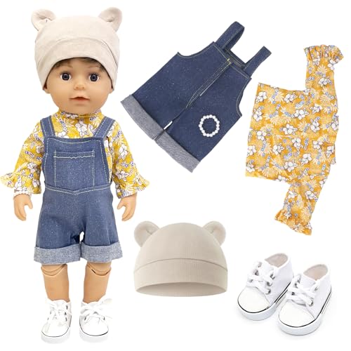 5 Stück Kleidung Outfits für Baby Puppen, inklusive Oberteile Riemchenhosen Armbänder Schuhe Hüte, Gelbes Blumenset Puppenkleidung Overall Outfits für 35-43 cm Puppen, Geburtstagsgeschenk von Carreuty