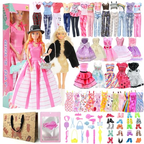 50 Kleidung Zubehör Kompatibel mit Barbie, 1 Mädchen Puppe 2 Mode Kleid 8 Kleider 1 Plüsch-Jacke 2 Oberteile 1 Hut 2 Hosen 11 Schuhe 20 Accessoires 2 Geschenktasche, für 11,5 Zoll Puppen Zufällig von Carreuty