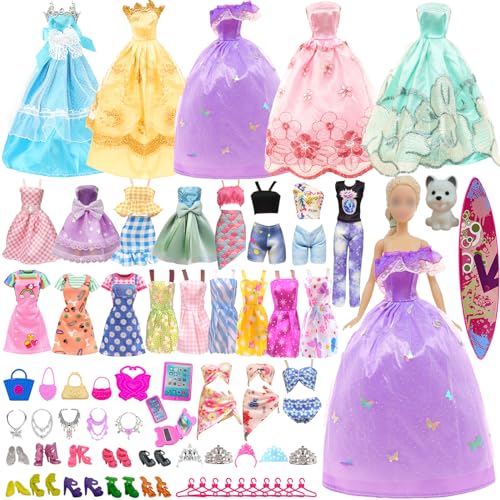 58 Puppen Kleidung Zubehör für 11,5 Zoll Puppen, Kompatibel mit Barbie Party Kleid 2 Prinzessinnenkleider 3 Stilvolles Kleider 3 Oberteile 3 Hosen 3 Badeanzüge 1 Hausrock 6 Slip Kleide 40 Zubehör von Carreuty