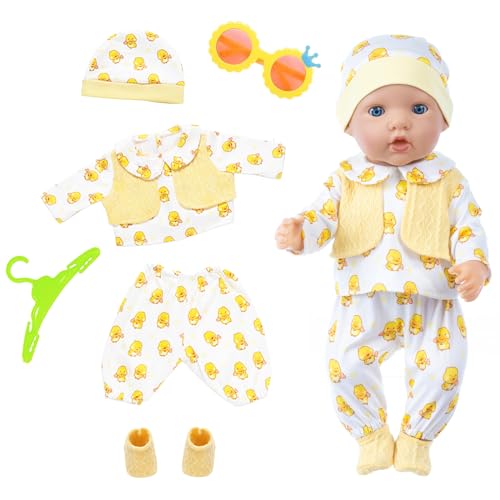 6 Stück Baby Kleidung für 14 16 17 Zoll Baby Puppen 35-43 cm Baby-Puppe 1 Ente Outfits mit Hut Socken und 1 Sonnenbrille 1 Kleiderbügel für Baby-Puppen Mädchen Geburtstag Geschenk von Carreuty