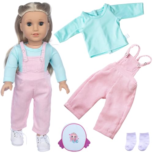 4 Stück Kleidung Outfits für 14 16 17 Zoll Baby Puppen Puppenkleidung 36-43 cm Enthalten 1 Langarm 1 Paar Cord-Latzhosen 1 Paar Socken 1 Meerjungfrauen-Rucksack Geburtstagsgeschenk für Kinder von Carreuty