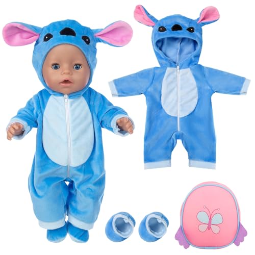 Baby Kleidung für 14-17 Zoll Baby Puppen, inklusive Socken und Rucksack, Blaue Puppenkleidung Outfits Overalls, Blaue Puppenkleidung für New Doll 35-43 cm für Jungen und Müdchen von Carreuty