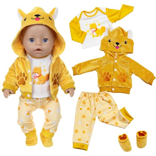 Kleidung Outfits für 14 16 17 Zoll Baby Puppen Puppenkleidung 36-43 cm 4 Stück Kleidung Enthalten 1 Gelbe Welpen Jacke mit Kapuze 1 Welpen-T-Shirt 1 Hose 1 Paar Socken Geburtstagsgeschenk für Kinder von Carreuty