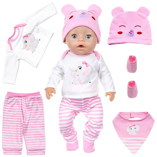 Puppenkleidung Set für 14-18 Inch Baby Puppen, Rebornpuppenkleidung 30-45cm Kleidung Bekleidung Kleidung Puppen Zubehör mit Cute Pink Elephant Top Trousers Hat Bib Socks Geschenk für Kinder Mädchen von Carreuty