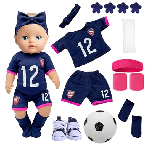 Puppenkleidung für 35-45 cm Baby Puppen, Fußball Baby Kleidung mit Kurzen Ärmeln Shorts Stirnband Socken Fußbälle Schuhe Haarspangen Ärmel für 14-18 Zoll Neugeborene Baby Puppen Kinder Geburtstag von Carreuty