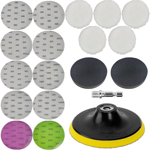 69 Stück Nassschleifpapier Schleifscheiben, Polierscheibe 125mm Klett Polierpads, Polierschwamm, Puffer für Akkuschrauber, Bohrmaschine, Zubehör, Schleifpapier Set 240-3000 für Holz und Metall von Carseatty