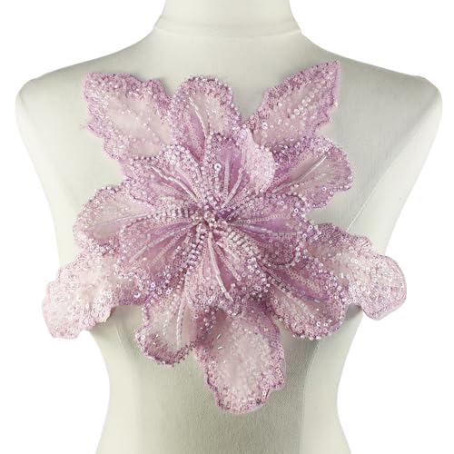 Carytalee 1 x 3D-Spitzen-Pailletten-Blume, bestickte Spitzenapplikation, zum Aufnähen, für Hochzeitskleider, Dekoration, Rosa, 30 x 27 cm von Carytalee