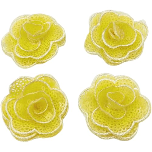 Carytalee 5 x Rosenblüten-Pailletten, Spitzenstickerei, Aufnäher, Applikation für Hochzeitskleid, DIY, Nähen, Basteln, Kleidung, Applikation, 4,1 cm, Gelb von Carytalee