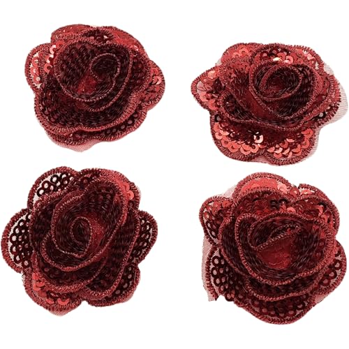 Carytalee 5 x Rosenblüten-Pailletten, Spitzenstickerei, Aufnäher, Applikation für Hochzeitskleid, DIY, Nähen, Basteln, Kleidung, Applikation, 4,1 cm, Rot von Carytalee