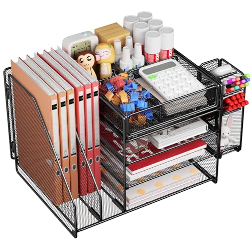 Schreibtisch Organizer mit Aktenhalter – 5-Tier Briefablage Ablagefächer mit Schublade, 4 Stifthalter, Schreibtisch-Aufbewahrung, Zeitschriftenhalter für Bürobedarf, Dokumentenaufbewahrung (schwarz) von Casavibe