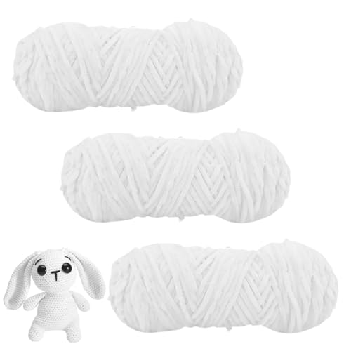 Casenly Chenille Wolle, 3 Rolle Softy Velvety Baby Wool(3×100g), Weiß Bulky Crochet Yarn, Kuschelweich Plüschwolle zum Stricken Häkeln von Casenly