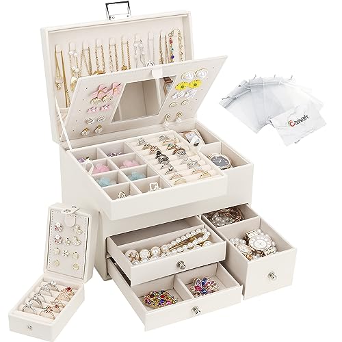 Casiwaft Schmuckkästchen, 3 Ebenen großer PU Leder Reise Schmuckschatulle mit tragbarer Mini-Box für Reisen, Schmuckbox mit Spiegel für Halsketten, Ohrringe, Ringe, Uhren, Beige von Casiwaft