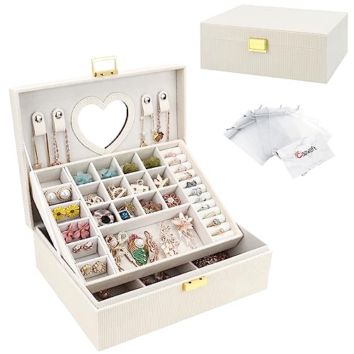 Schmuckkasten, Großer Schmuckkästchen mit Spiege für Damen Mädchen, Samt Schmuckbox Schmuckschatulle Groß Schmuck Organizer für Ringe Ohrringe Armbänder Halsketten, Beige von Casiwaft